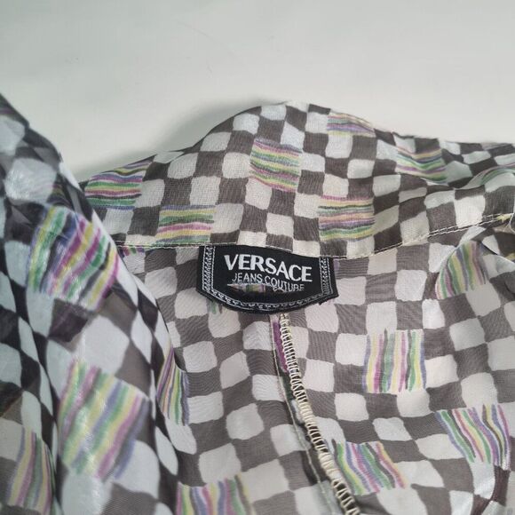 VERSACE Jeans Couture Sheer Checkered Print Blouse - Medusa Button - Size M - Picture 5 of 6